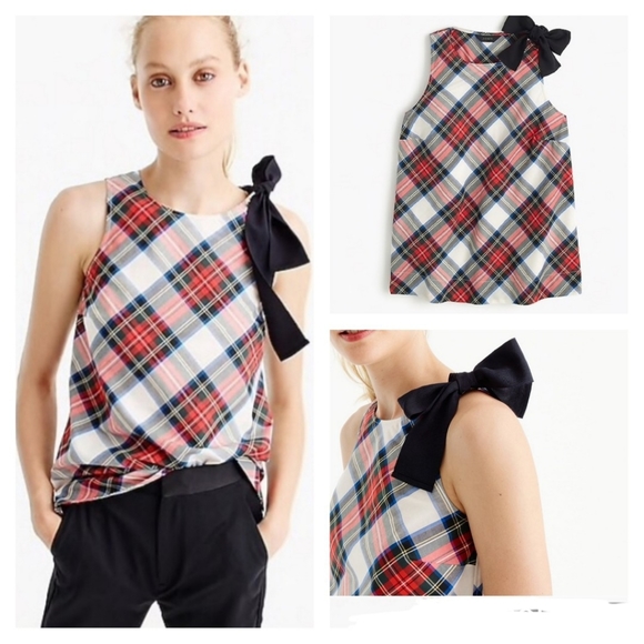 J. Crew Plaid Ribbon Shoulder Sleeveless Blouse Top Size 4 - Picture 1 of 7